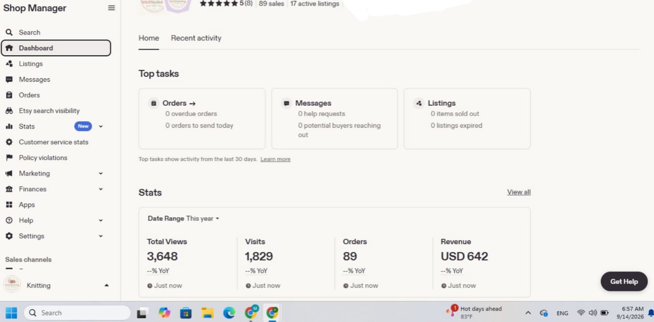 Etsy student dashboard showing 89 sales
