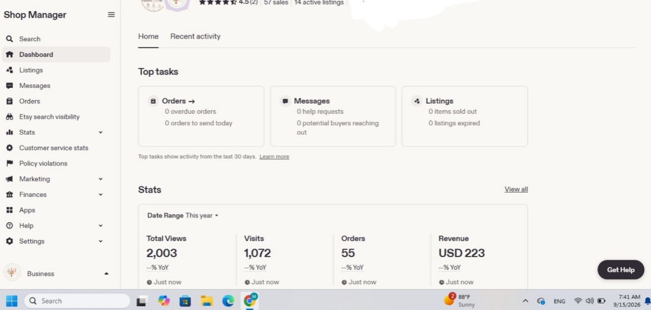 Etsy student dashboard showing 55 sales