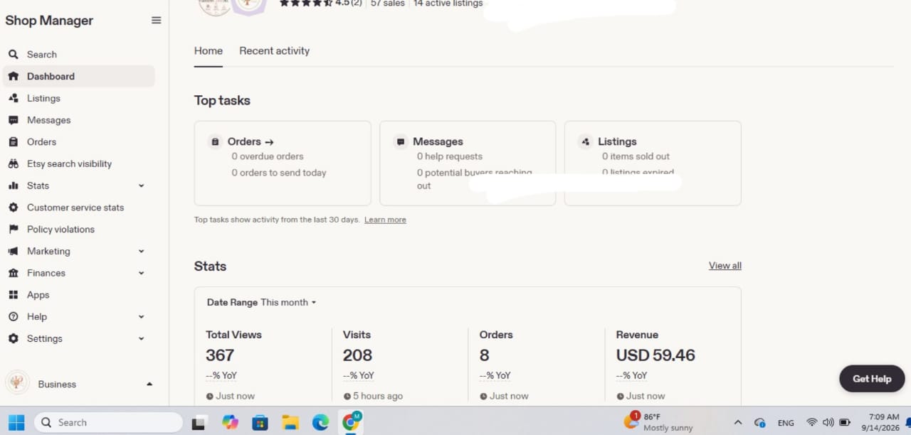 Etsy student dashboard showing 8 orders
