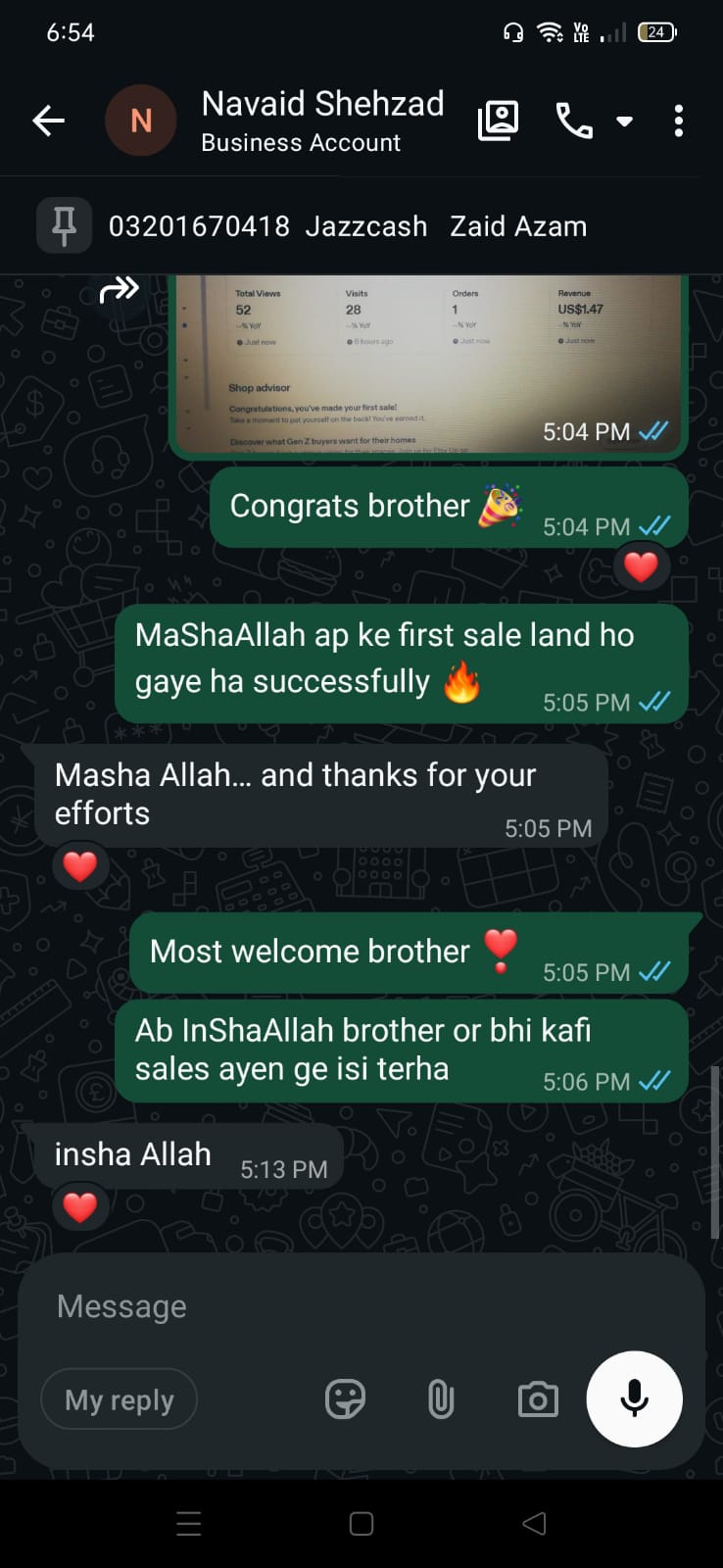 WhatsApp success story from Navaid Shehzad celebrating first etsy sale