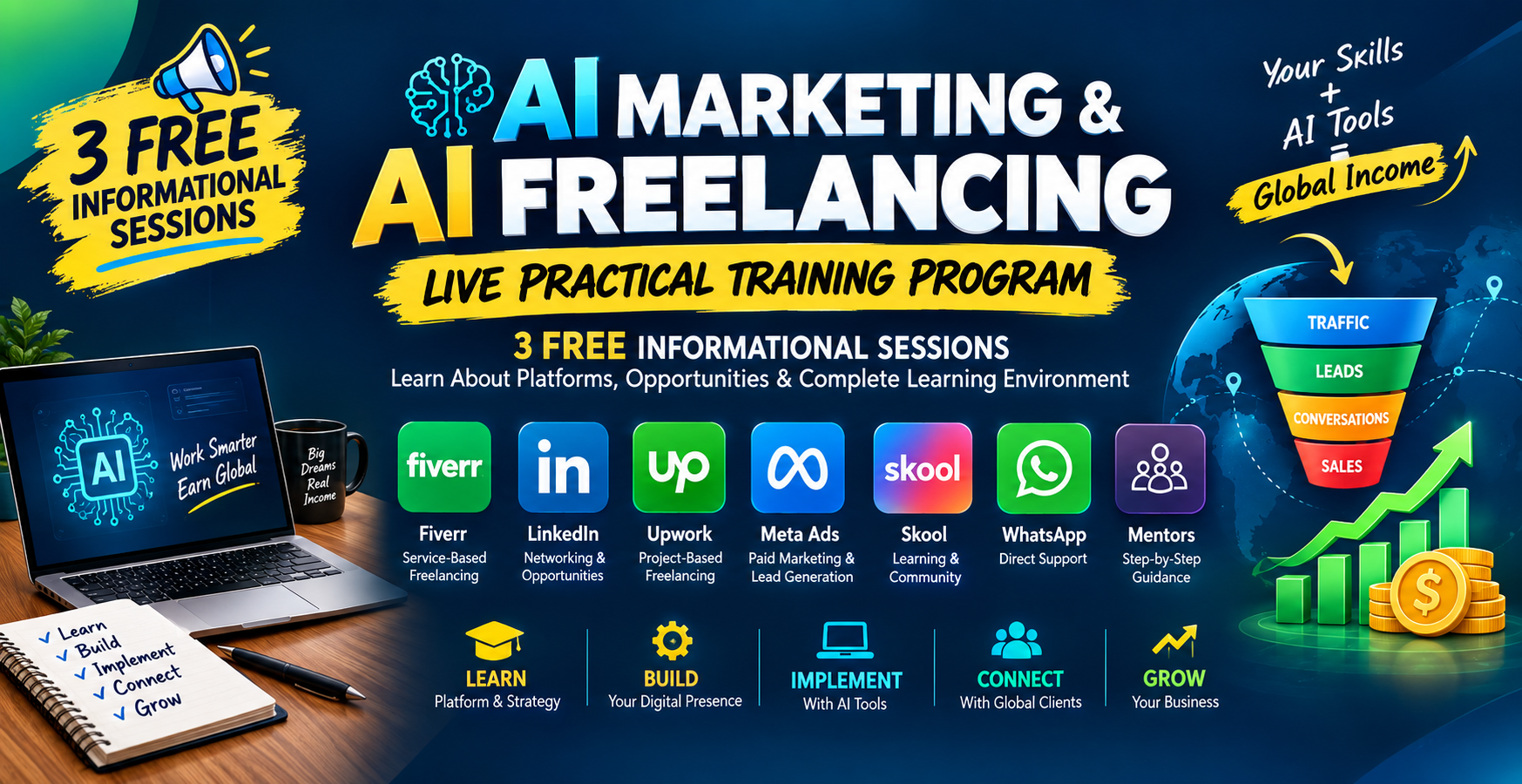 AI Marketing & AI Freelancing — 3 free informational sessions covering Fiverr, LinkedIn, Upwork, Meta Ads, Skool, WhatsApp and mentors