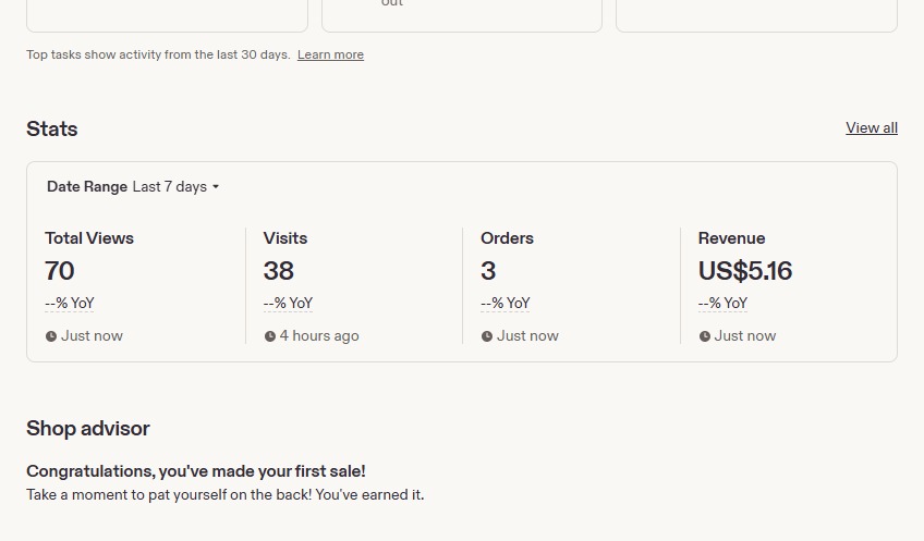 Etsy student dashboard showing 3 orders