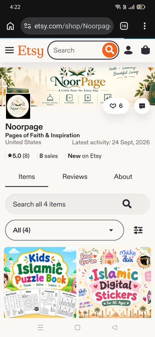 Etsy shop page for Noor Page showing 5.0 star rating and 8 sales