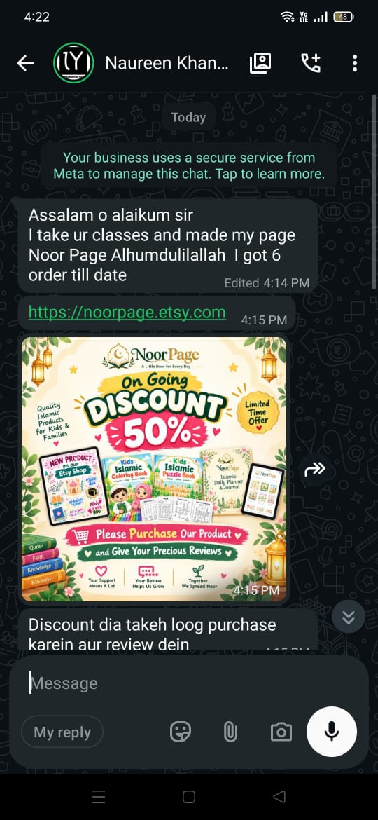 WhatsApp message from student Nooreen Khan announcing her first Noor Page Etsy orders